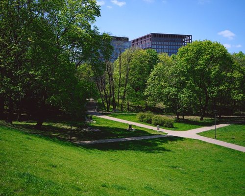 Quiet green landscape of a municipal park suitable for a relaxing evening walk